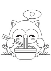 Coloring book owl happily slurping delicious noodles from a bowl with chopsticks