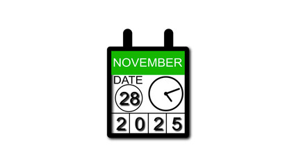 4K calendar animation November date 28 2025 illustration . black background clean and stunning 4k illustration .