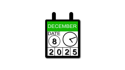 4K calendar animation December date 8 2025 illustration . black background clean and stunning 4k illustration .