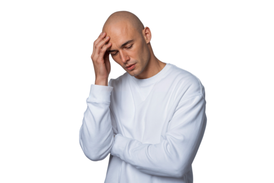 Bald man touching his head with eyes closed, expressing stress, pain, or fatigue. Isolated on transparent background, concept of headache or emotional struggle
