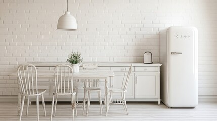 White kitchen with vintage style furniture and a retro refrigerator.
