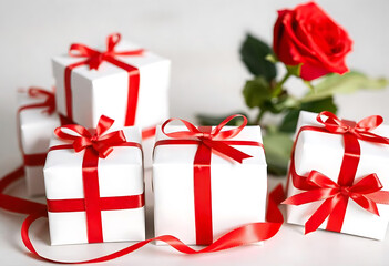 Fototapeta premium Gift boxes with red ribbons and a rose for romantic celebration