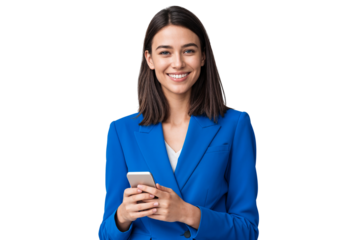 Young businesswoman in a blue suit holding a smartphone and smiling. Professional woman isolated on transparent background, representing communication and success