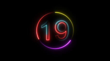Dynamic circular and glowing neon number 19 illustration . on a black background. and creating a stunning 4k illustration .