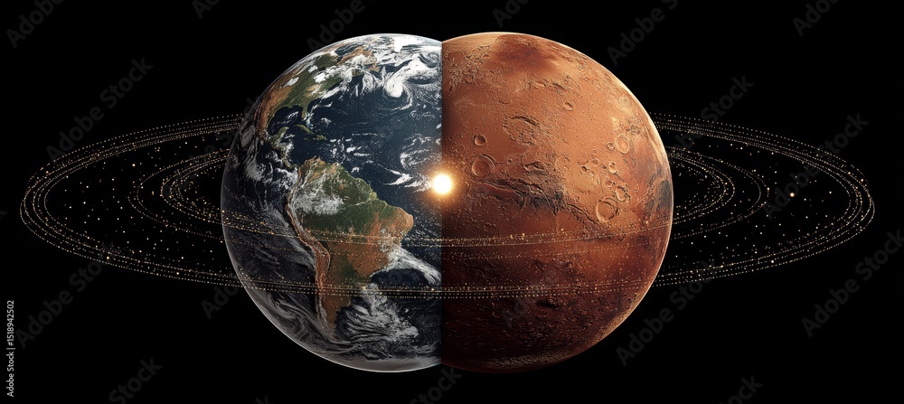 Poster earth and mars collide or united. space astronomy science education. generative ai technology.