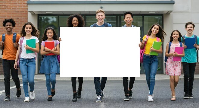 Students walk together holding a large blank white sign while heading towards their school entrance for an education event.