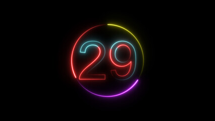 Dynamic circular and glowing neon number 29 illustration . on a black background. and creating a stunning 4k illustration .