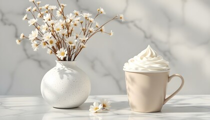 Still Life Composition with White Speckled Vase, White Flowers, and Cup of Whipped Cream