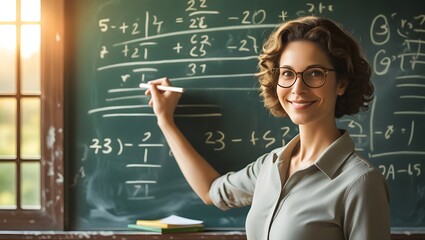 Smiling Teacher Writing Math Equations on Chalkboard in Classroom