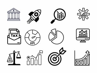Sets of growth, analytics, business, target, tax, pie chart, scale, bar chart and finance icons