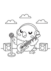 Coloring book parrot rocking out on an electric guitar with headphones, microphone, and speakers.