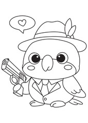 Coloring book parrot dressed as a suave detective or gangster in a fedora and suit