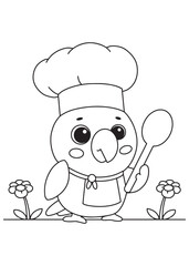 Coloring book parrot chef in a tall hat and apron, holding a spoon, ready to cook up