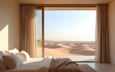 A minimalist bedroom in a desert villa, with sliding glass doors revealing a vast expanse of sand dunes under a clear sky. High quality