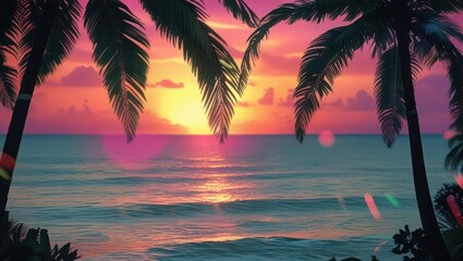 Obraz premium Breathtaking Sunset, Palm Trees, Ocean View A Tropical Paradise