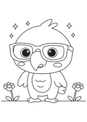 Coloring book parrot wearing stylish glasses, looking wise and charming, standing among cute flower