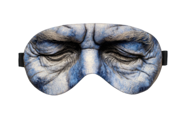 A sleeping mask featuring a detailed print of a face with closed eyes and textured skin, appearing aged and weary, set against a dark background