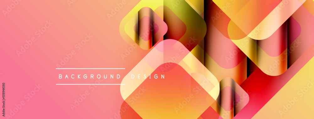 Poster abstract geometric shapes overlap, creating vibrant gradient effect. pink, orange, yellow hues domin