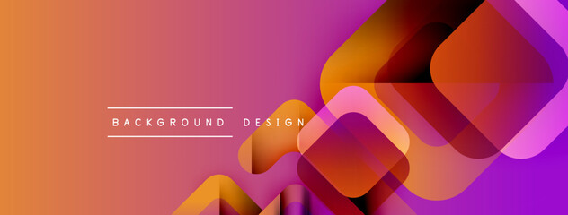 Abstract geometric shapes overlap, creating vibrant gradient background. Orange, pink, purple hues dominate design. Modern aesthetic.