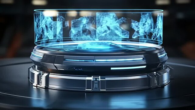 Futuristic circular platform with glowing blue accents.