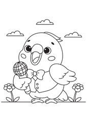 Coloring book parrot dressed in a dapper suit and bow tie, happily singing into a microphone