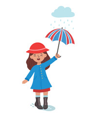 A beautiful girl in a hat is standing under an umbrella, it's raining, but she's happy. A happy woman with an umbrella stands in a puddle. Flat vector illustration