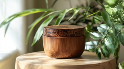 Elegant Wooden Container on Wooden Table