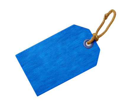 Blank Blue Denim Tag with Brown Rope on Transparent Background, PNG