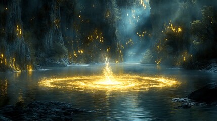 Fototapeta premium Mystic Lake Portal: Golden Energy Emanating in a Serene Natural Setting