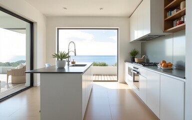 A bright, airy kitchen with white cabinets and walls, overlooking the beach in South Africa. High quality