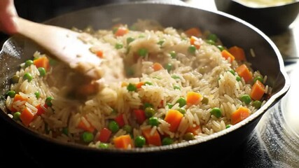 Prepare pilaf in a large frying pan. A dish of rice and pieces of vegetables. Steam comes from a hot lunch. Home kitchen. Pilaf is stirred with a wooden spatula