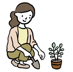 コップを持ってガーデニングをする女性