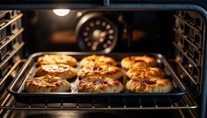 Freshly baked cookies on tray inside oven with warm lighting  