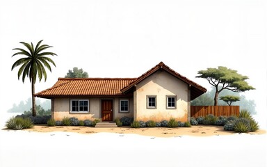 African Local Houses Realistic Simplified Drawing. High quality