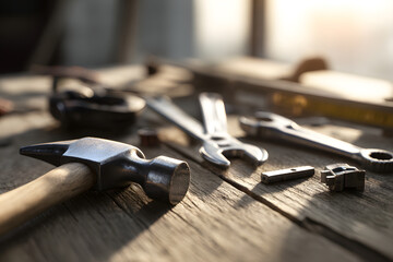 A collection of essential labor tools scattered across a rustic wooden workbench, featuring a hammer, sturdy wrench, flathead screwdriver, and measuring tape. Workshop concept
