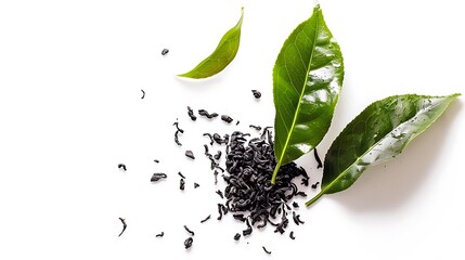 A black tea leaves laying on white background