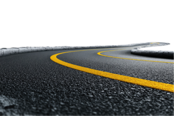 A curving asphalt road with a dashed yellow line, set against a black background, creating a sense of speed and motion.  The perspective is low and emphasizes the road's texture