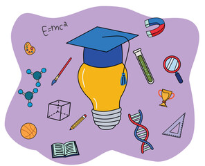 illustration of big lamp wearing graduation cap surrounded by education equipment icon. education background with education elements. back to school illustration. education illustration
