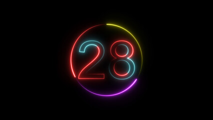 Dynamic circular and glowing neon number 28 illustration . on a black background. and creating a stunning 4k illustration .