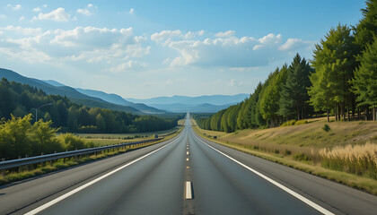 Fototapeta premium Winding Asphalt Highway Through Scenic Mountains and Trees, Countryside Landscape Under Cloudy Sky, Natural Outdoor Environment View 32K Revolution 
