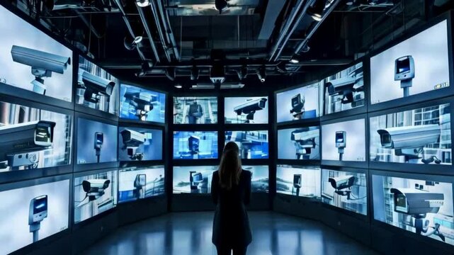 Woman standing in front of a wall of surveillance monitors.
