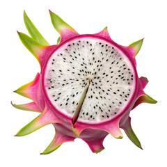 A halved dragon fruit revealing its white flesh and small seeds inside on transparent background