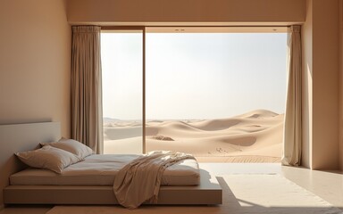 A minimalist bedroom in a desert villa, with sliding glass doors revealing a vast expanse of sand dunes under a clear sky. High quality