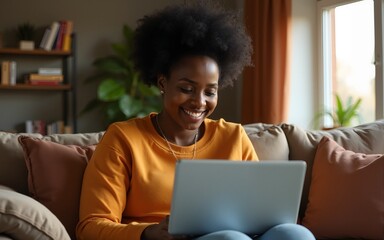 Black African woman working in comfort in living room at home. High quality