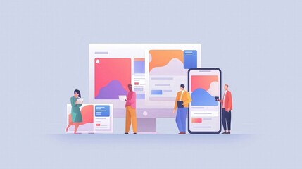 Modern Digital Workspace with People Using Technology and Devices