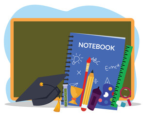 illustration of educational supplies with chalkboard background. education illustration. education supplies icon. Education supplies icon
