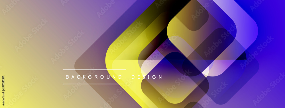 Poster abstract geometric shapes overlap, creating vibrant gradient background. yellows, purples dominate d