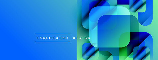 Abstract blue green gradient. Overlapping squares create modern visual effect. Text reads background design. Simple, clean aesthetic.