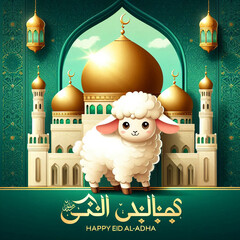 Happy Eid al-Adha Celebration with Cute Lamb and Mosque