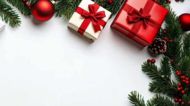 Festive Christmas arrangement featuring gift boxes, red bows, red ornaments, pine needles, and berries against a plain white backdrop.